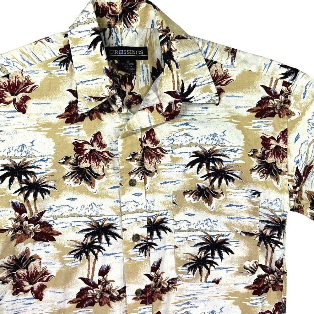 Crossings‎ Hawaiian Shirt Men S Palm Trees Floral Beige Vintage Beach Surf Aloha